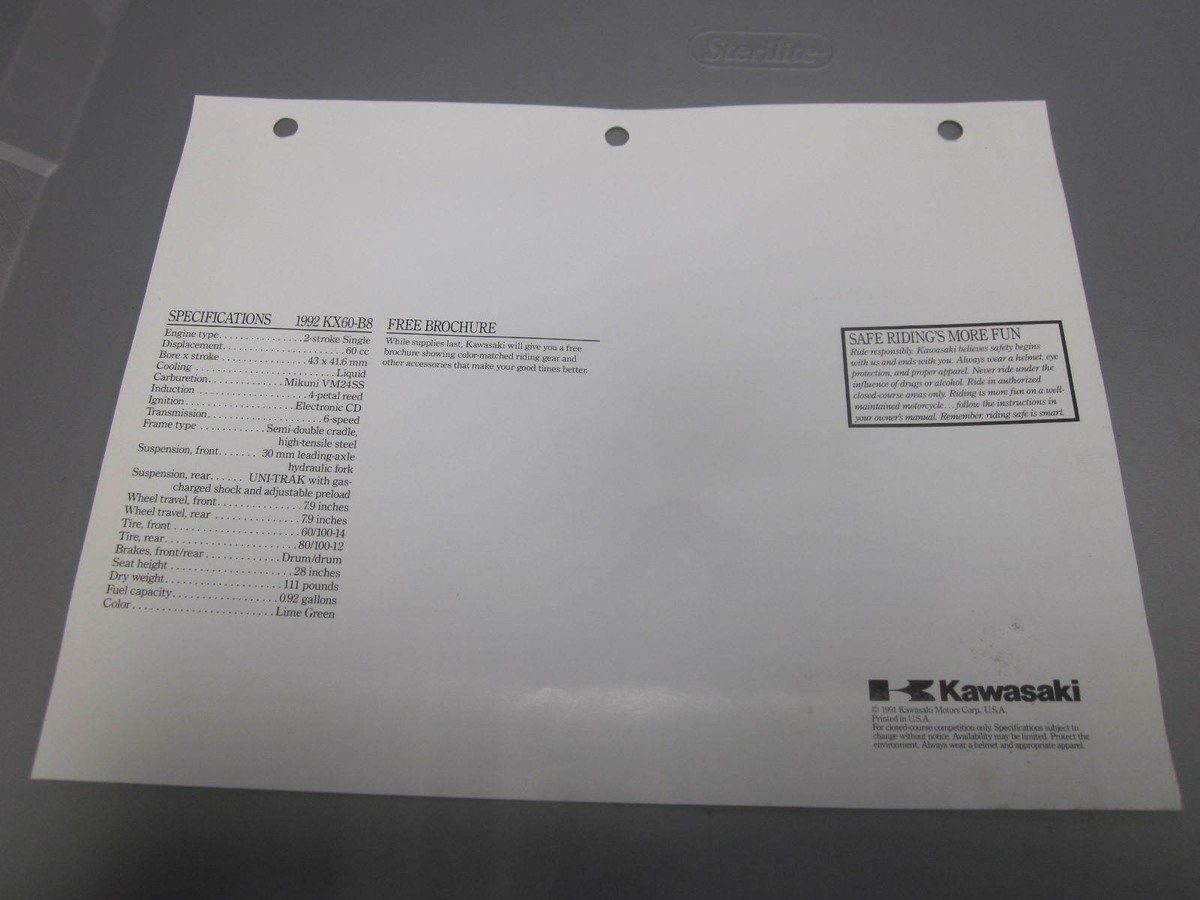 1992 Kawasaki KX60 KX60B8 Factory Dealer Specifications Specs