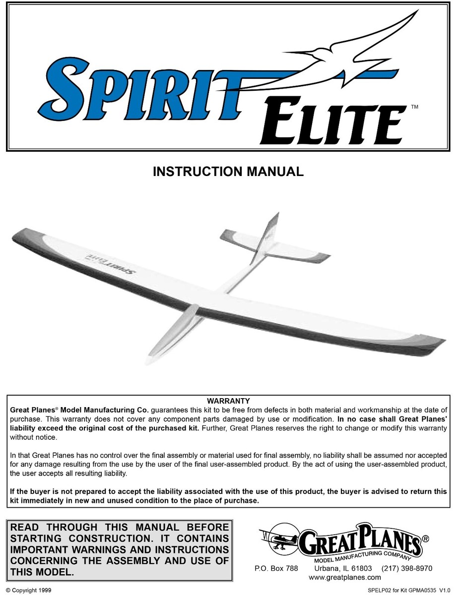 Great Planes Model Airplane Plans (RC): SPIRIT ELITE 2M (78