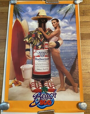 Vintage 1983 Poster Budweiser Beer bottle Beach Bud Surf Drink 22
