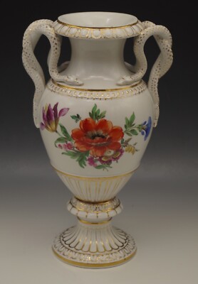 MEISSEN PORCELAIN ANTIQUE SNAKE HANDLES LARGE VASE CROSSED SWORDS
