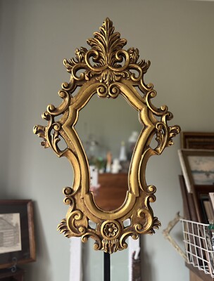 ORNATE GOLD GILDED BAROQUE WALL MIRROR 27.5”x17” HOLLYWOOD REGENCY
