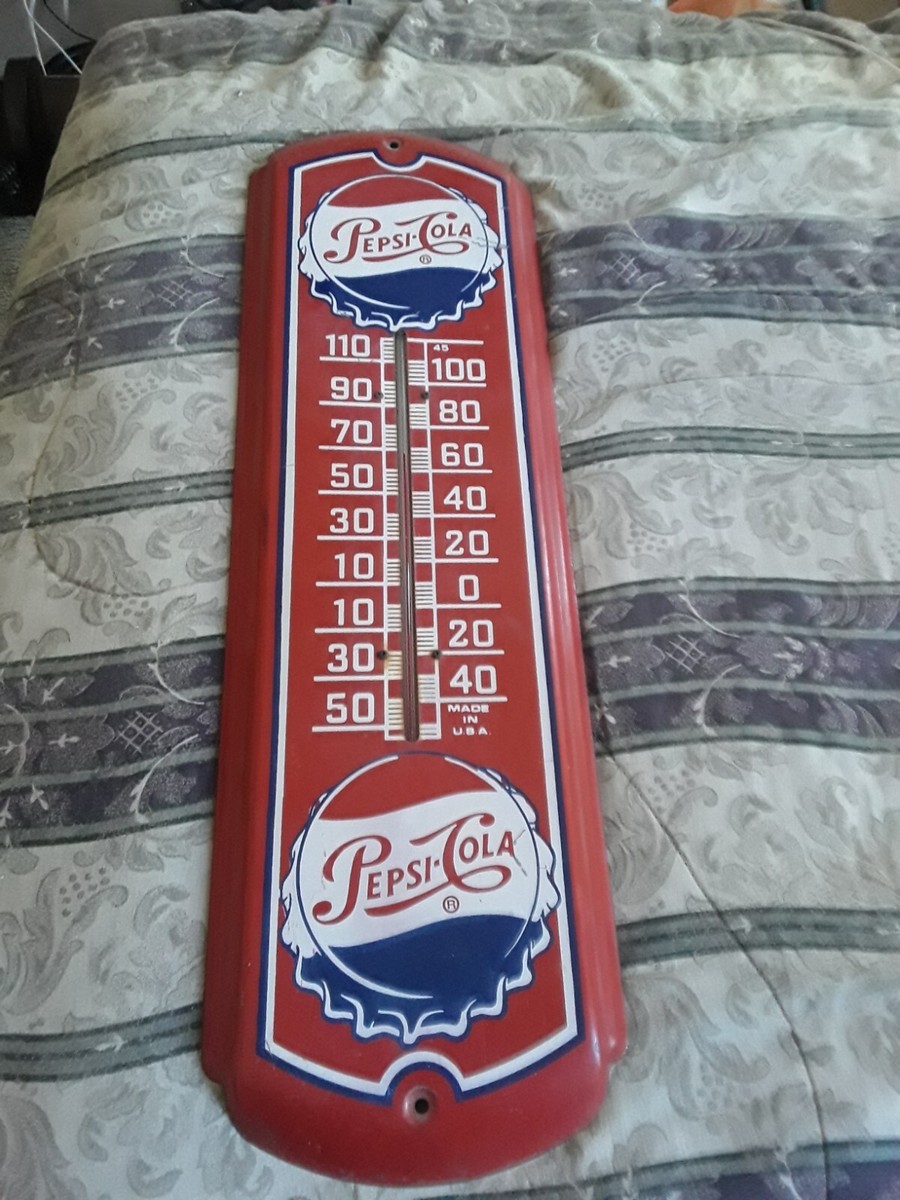 Vintage Retro Pepsi Cola Thermometer, Made In USA Metal Sign Red