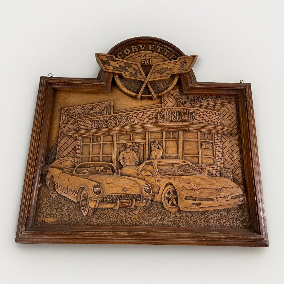 Kim Murray Corvette 50th Year Anniversary Carved Wood Plaque Rays