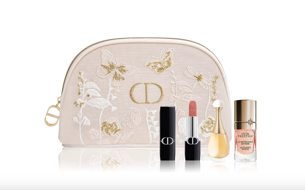 Dior Floral Embroidered Mesh Bag Couture Pouch 4pc Set Rose Serum