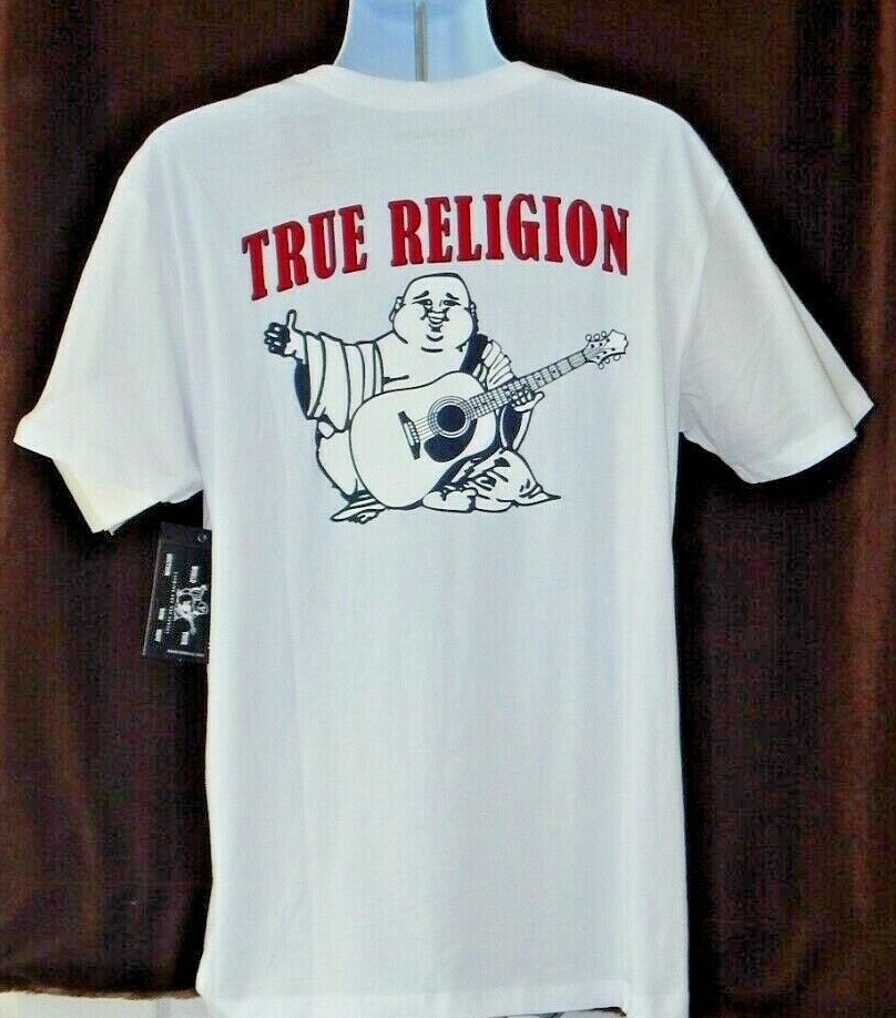 NWT MEN'S TRUE RELIGION BUDDHA LOGO VELOUR GRAPHIC CREW NECK WHITE