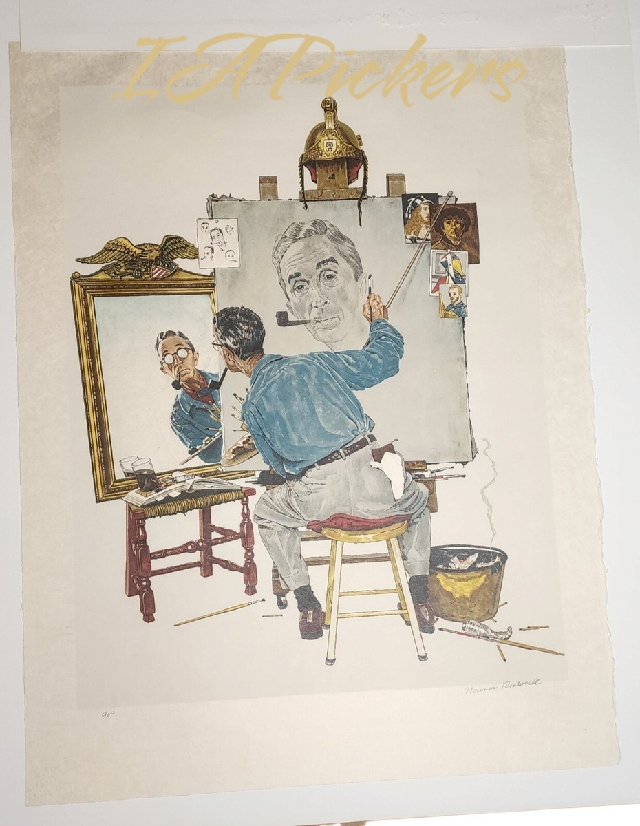 RARE NORMAN ROCKWELL SIGNED LITHOGRAPH TRIPLE SELF PORTRAIT ON