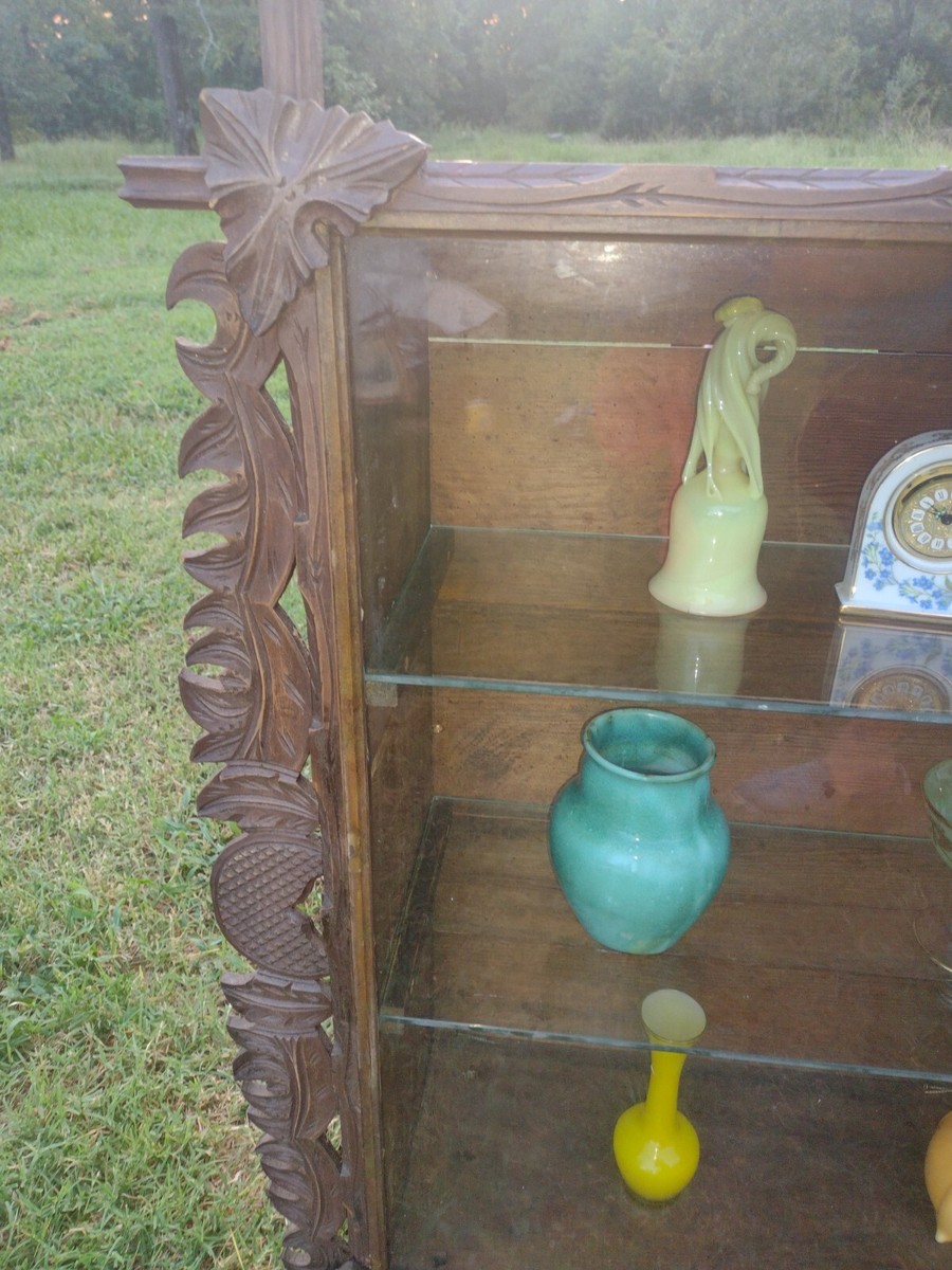 Large Vintage Display Wall Shelf Hand Carved Frame Glass Shelves