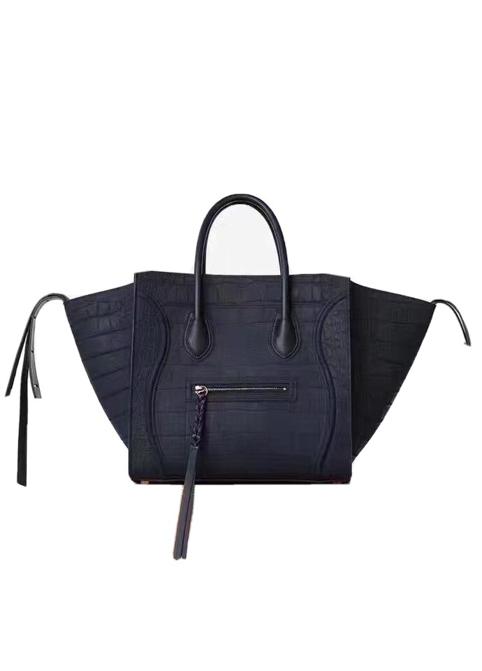 Celine Tote Bag Luggage Phantom Croc Embossed Women Leather Black