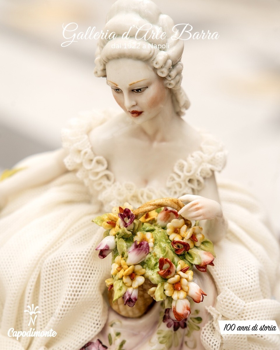Capodimonte Porcelain Lady With Flower Basket. Lace Dress, In