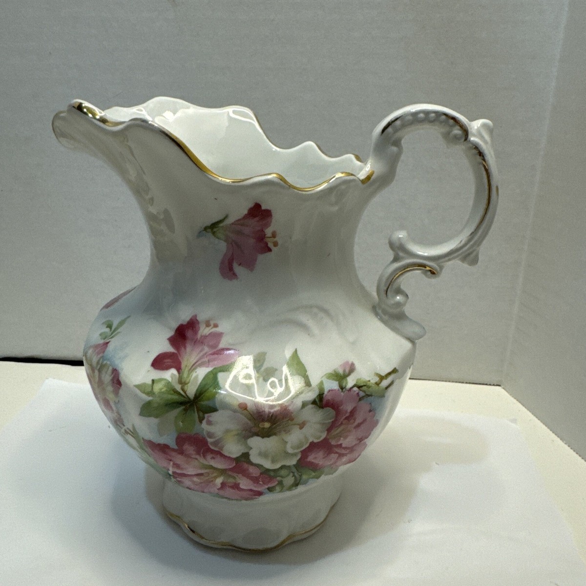 Vintage Victorian Hand-Painted Porcelain Pitcher Pink Roses -6.5