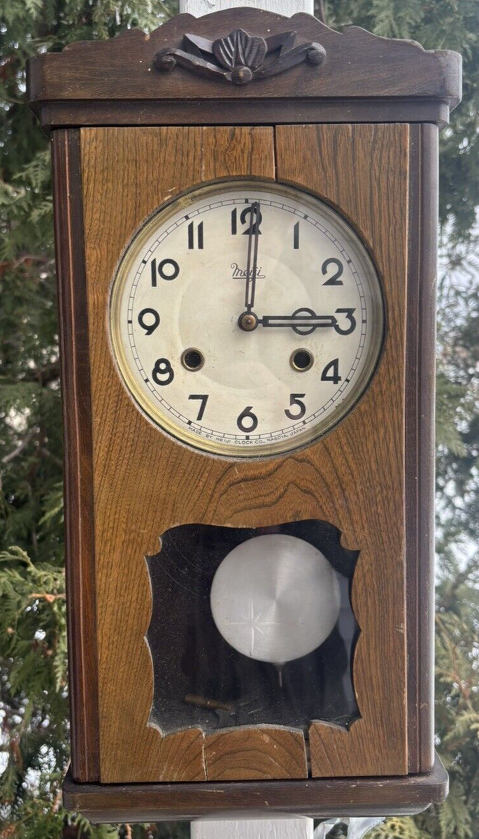 Antique 1910 - 1930 Meiji Clock Co Japanese Box Wall Clock - RUNS