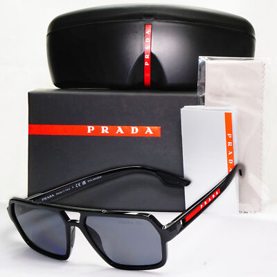 Prada Polarized Sunglasses Black Glossy Square Pilot PS01XS SPS