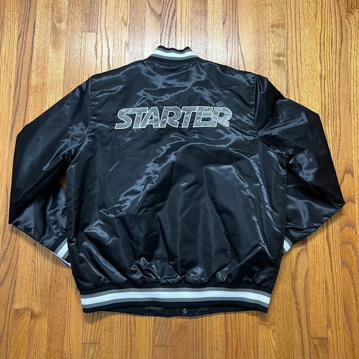 New STARTER Varsity Black Grey Satin Jacket Logo Zip 019MN004 $225