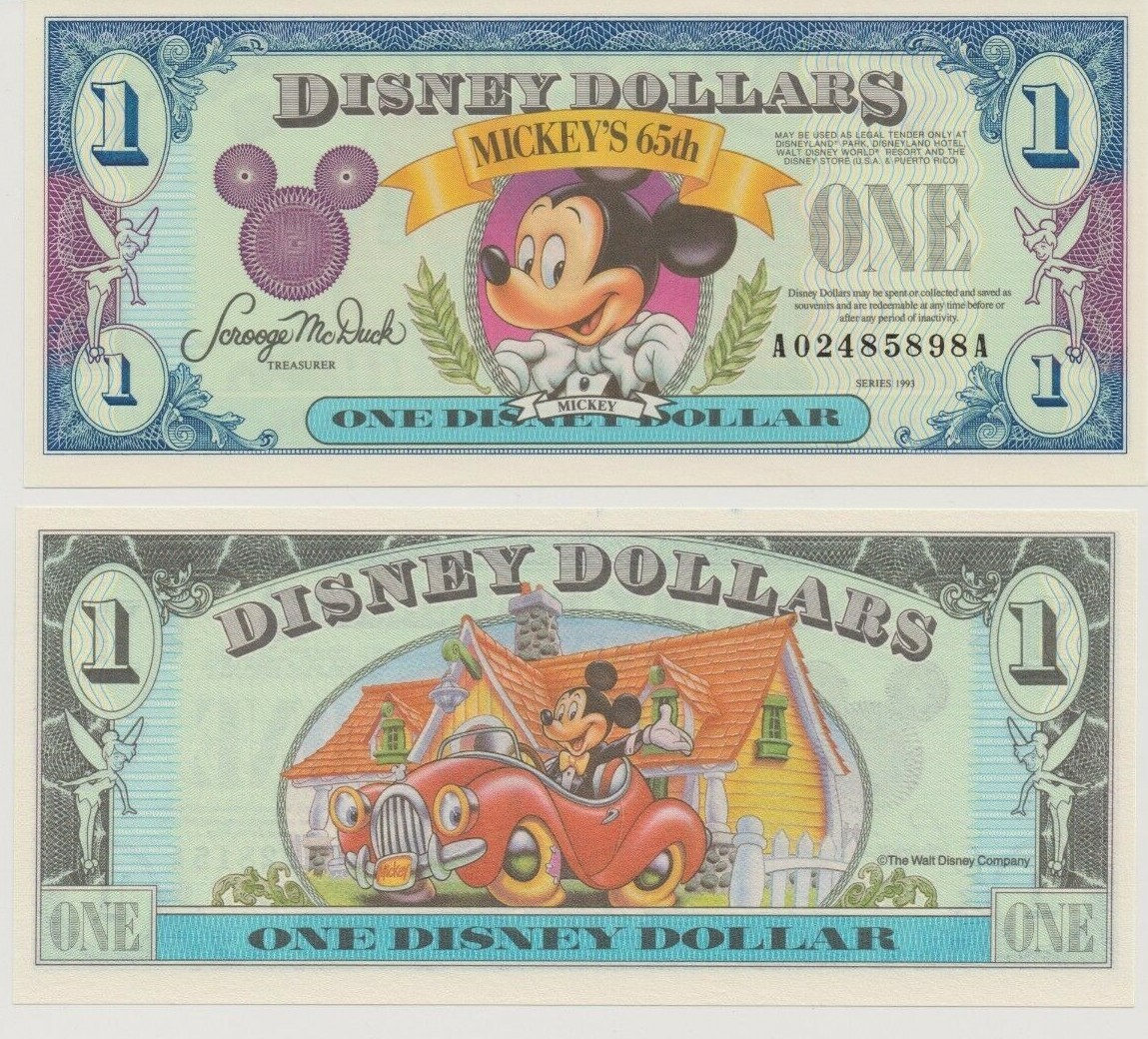 1993 A Series $1 Disney Dollar Mickey Mouse 65th Birthday