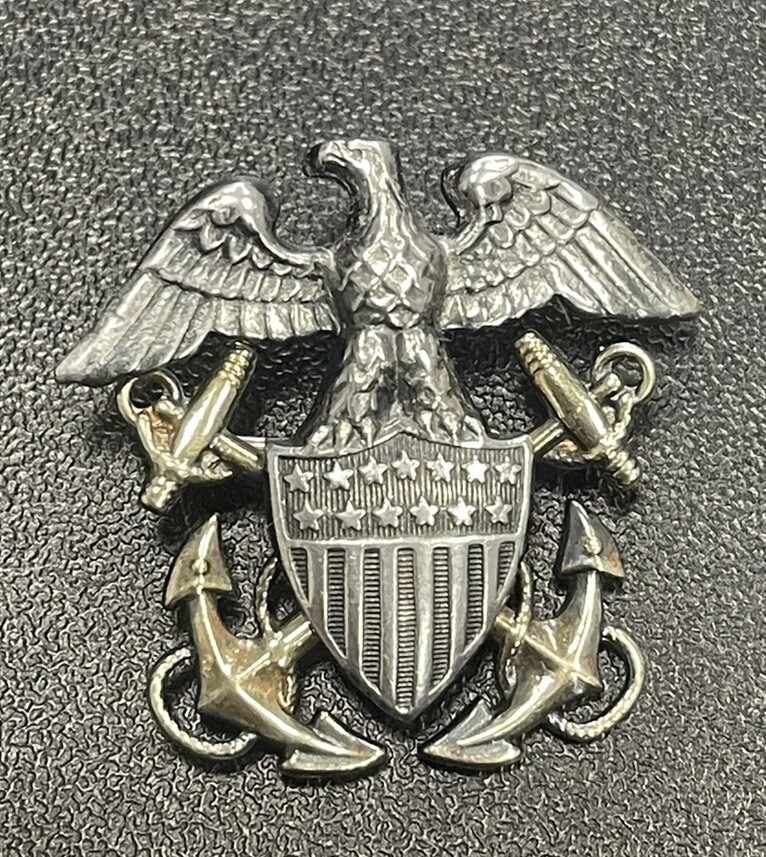 Vintage WWII US Navy Officer Pin Eagle Anchor 925 Sterling Silver
