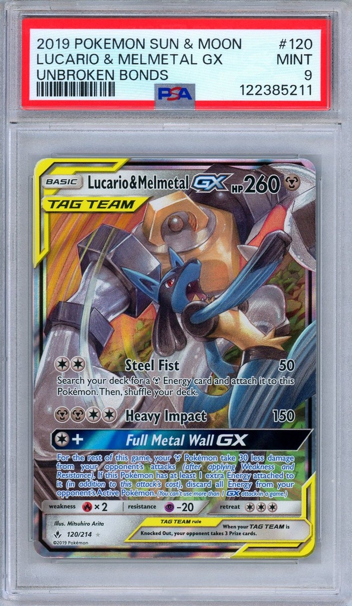 PSA 9 Lucario Melmetal GX 120/214 Unbroken Bonds Ultra Rare