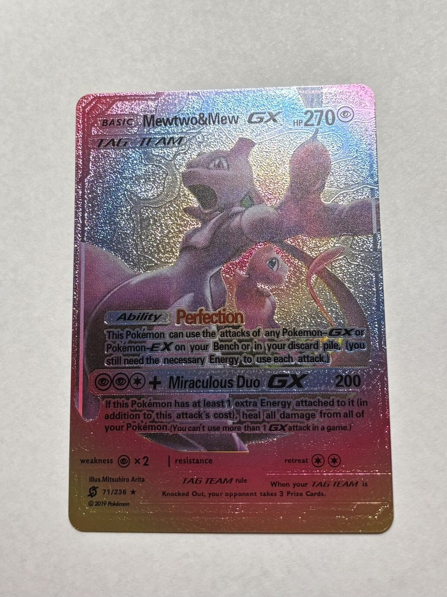 Mewtwo & Mew GX Tag Team 270 HP Rainbow Foil Fan Art Display Card