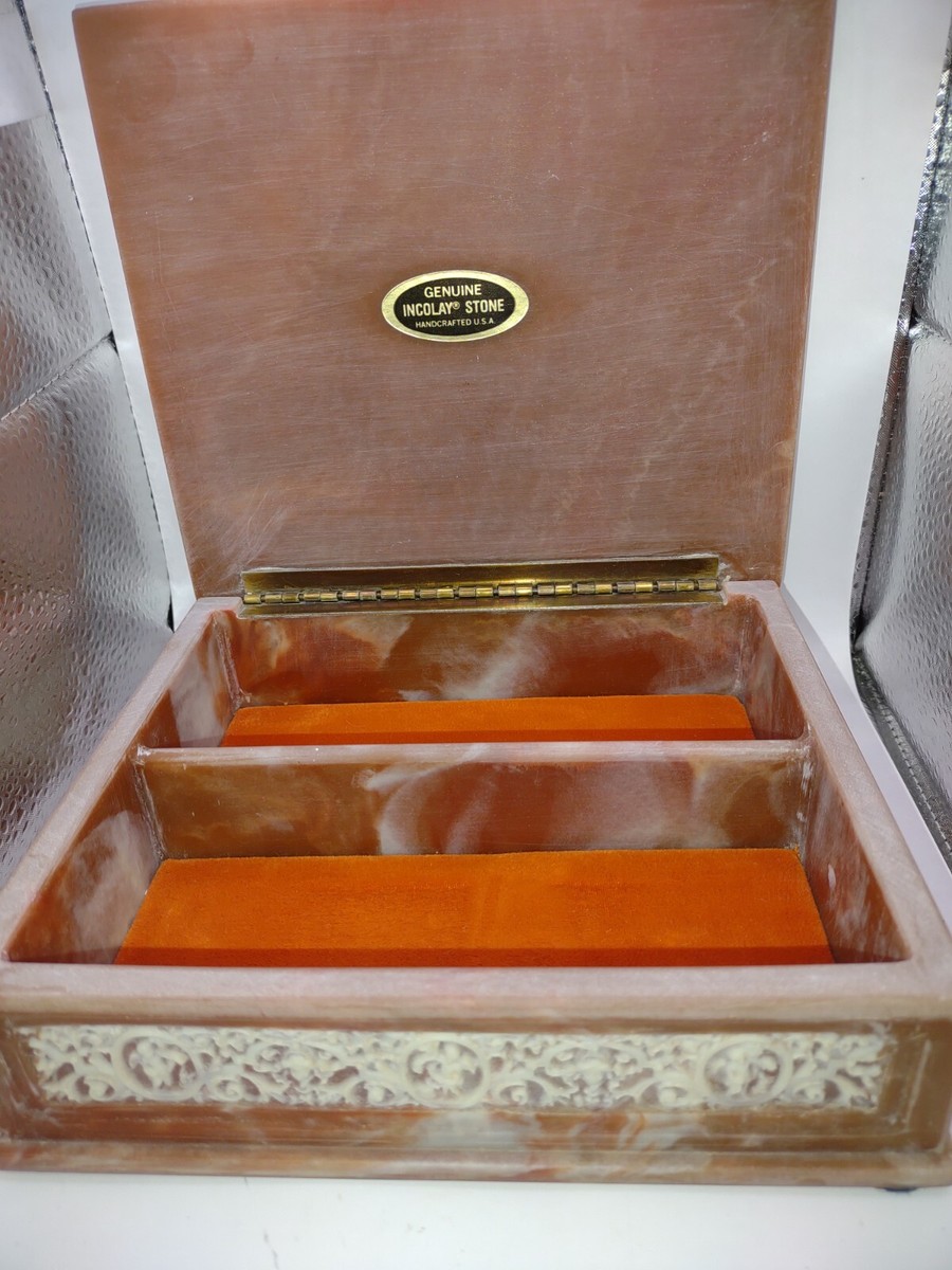 Vintage Incolay Stone Jewelry Keepsake Box Cherub Angels