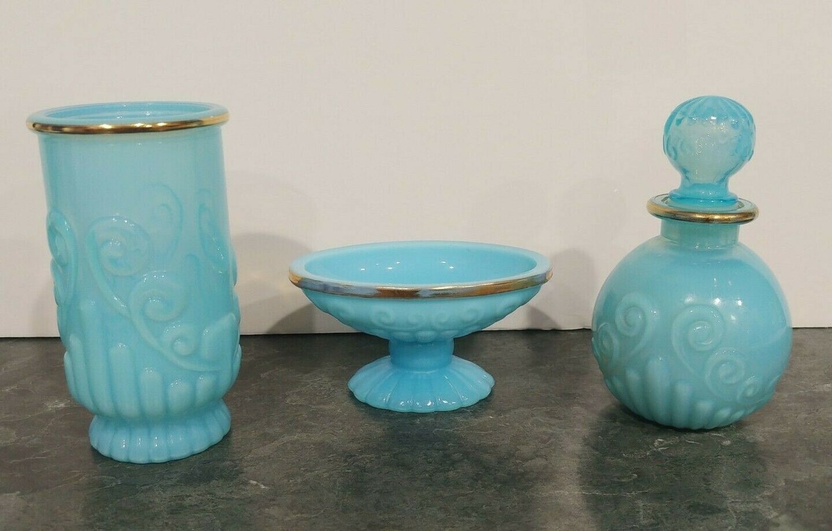 Blue Milk Glass Vintage Avon 3D Embossed Perfume Bottle Windsong