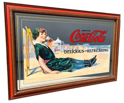 Vintage Coca Cola Girl On Beach Wood Framed Pub Bar Mancave Mirror