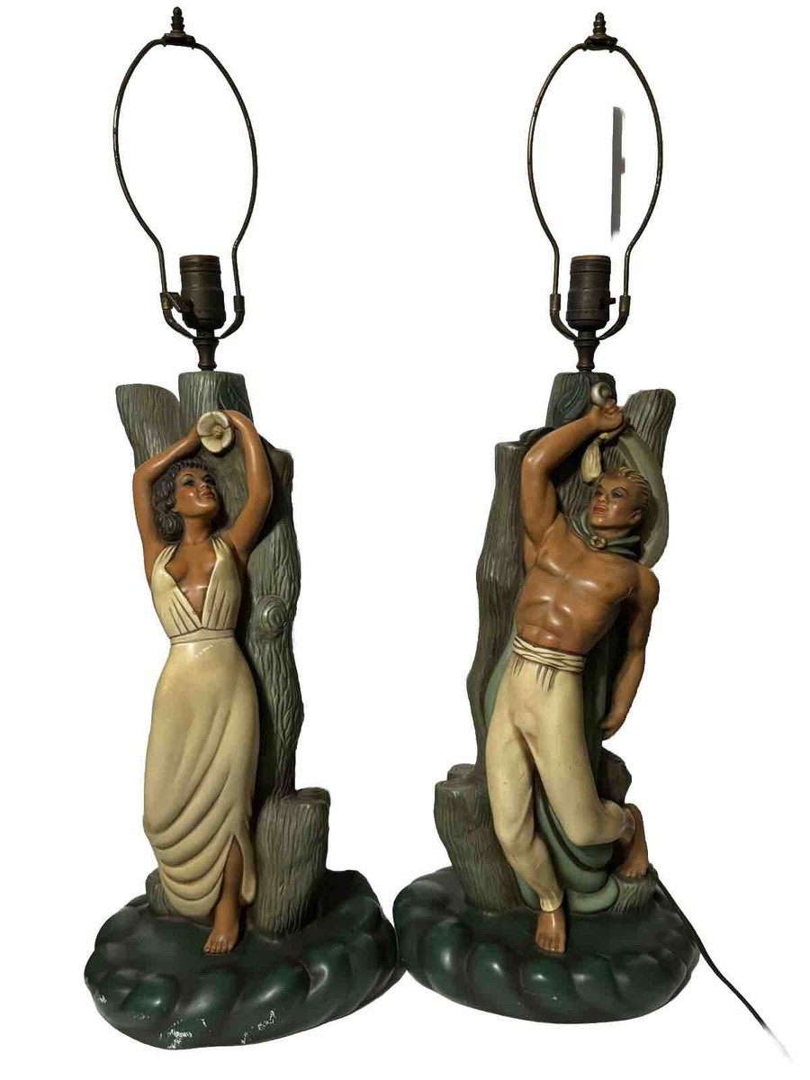 Rare Pair 1940's/50's Plastart Mid Century Figural Hawaiin Male