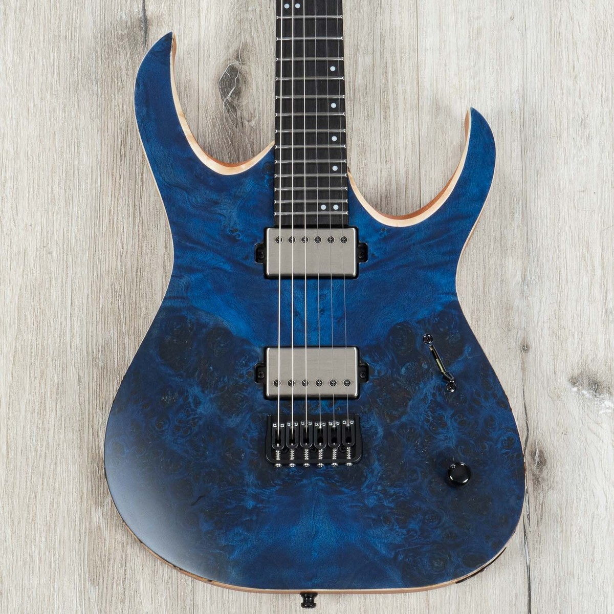 Mayones Duvell Elite 6 Guitar, 3A Eye Poplar Top, Trans Dirty-Blue