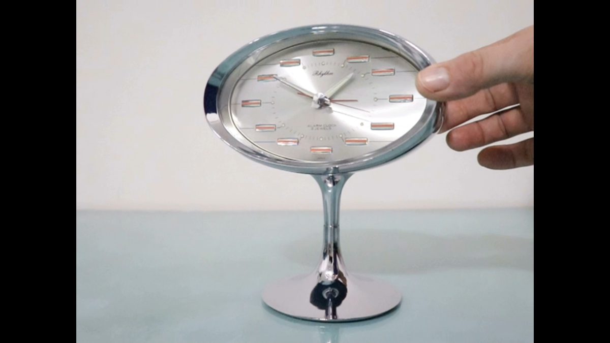 RHYTHM 51141 TOP! Clock Mantel Alarm Vintage Space Age Blue CHROME