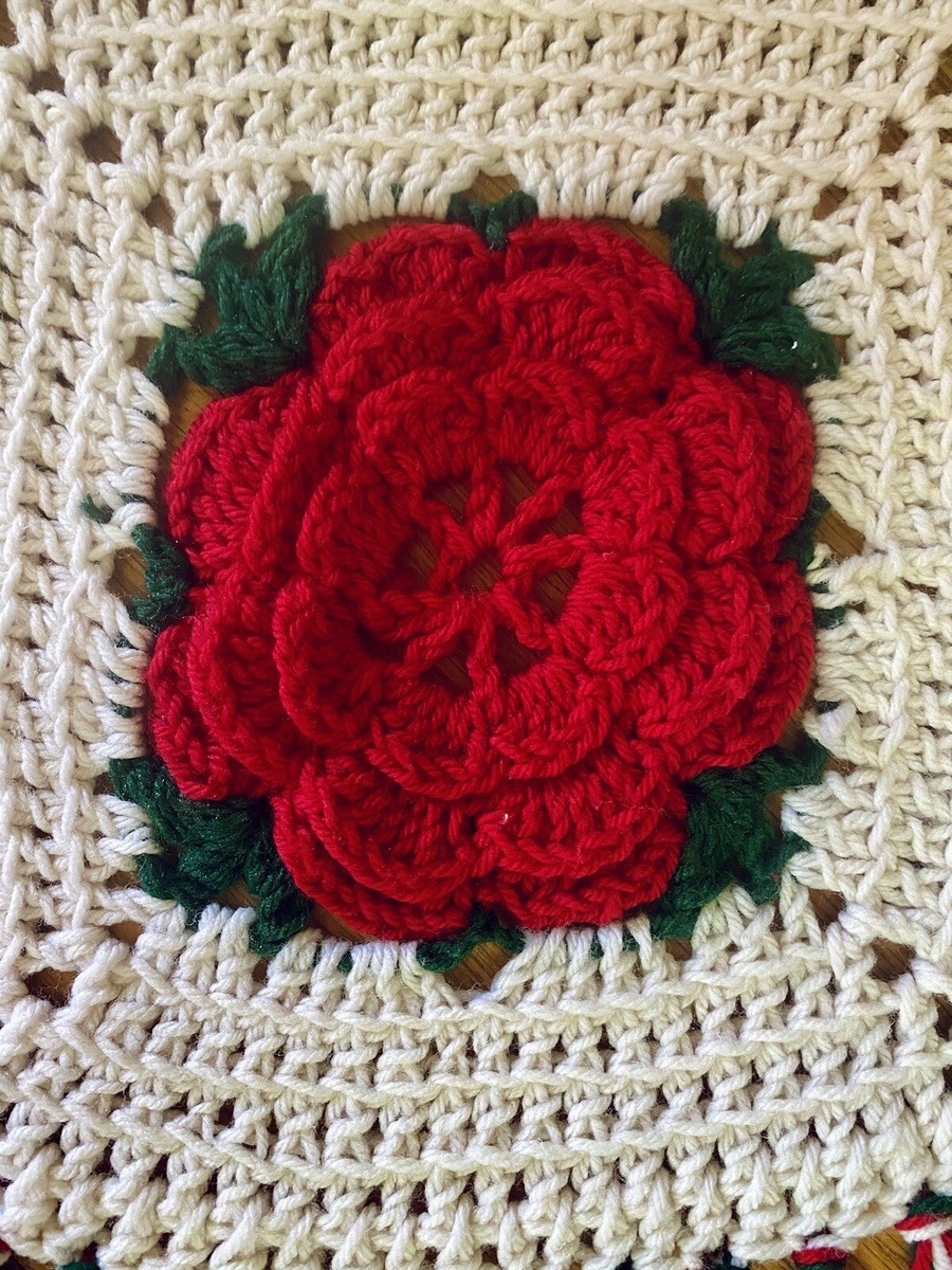 Vintage Crochet Afghan Blanket 3D Rose Throw Handmade Granny