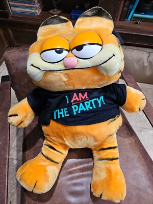 Vintage Big Garfield Plush with Shirt - I Am The Party - 80s Dakin