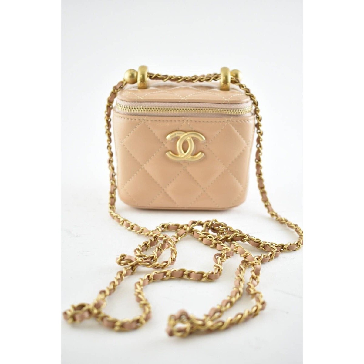 Chanel 21A Beige Mini Vanity With Chain Pearl Crush Logo Shoulder