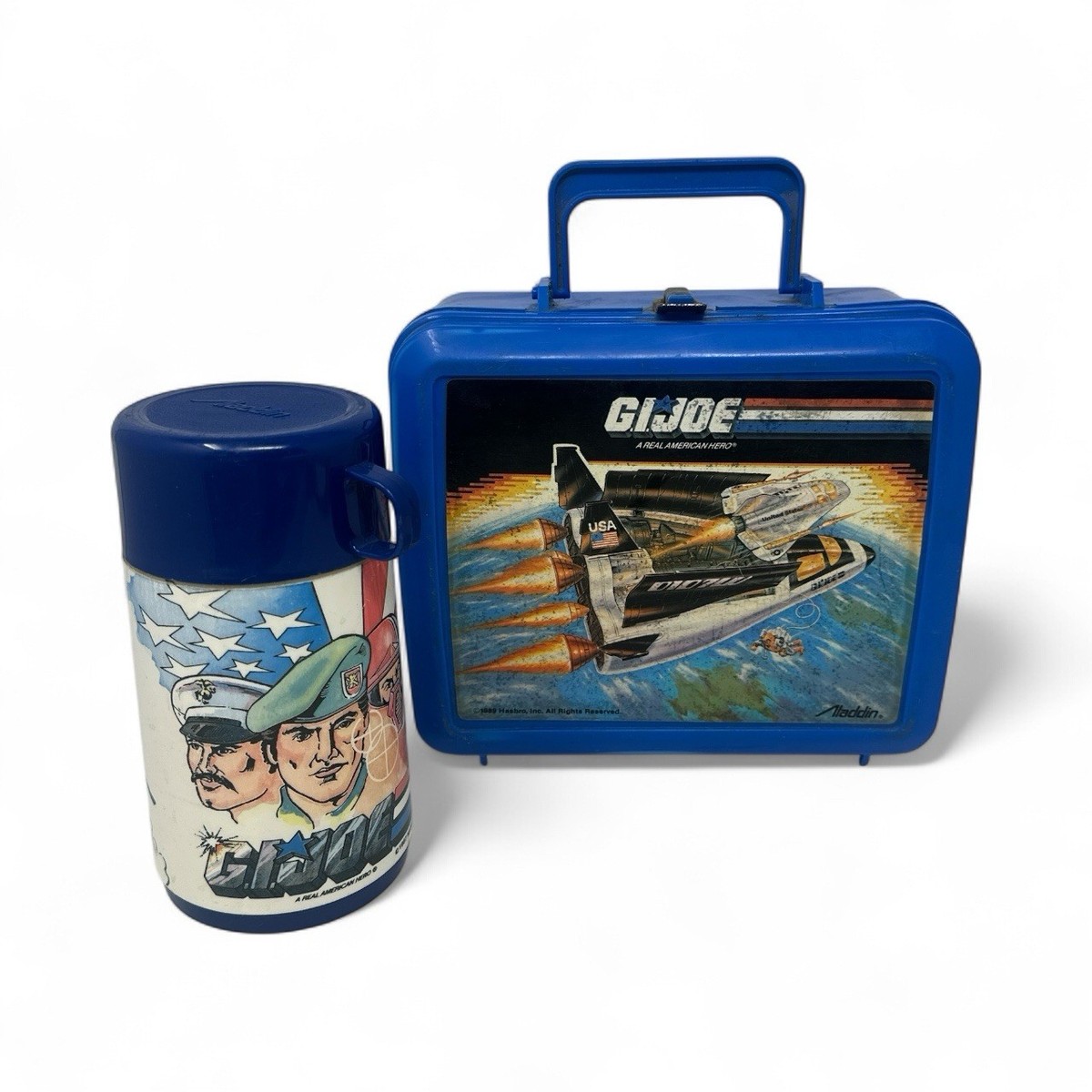 Vintage 1989 Hasbro GI Joe Blue Plastic Lunchbox & Thermos Aladdin