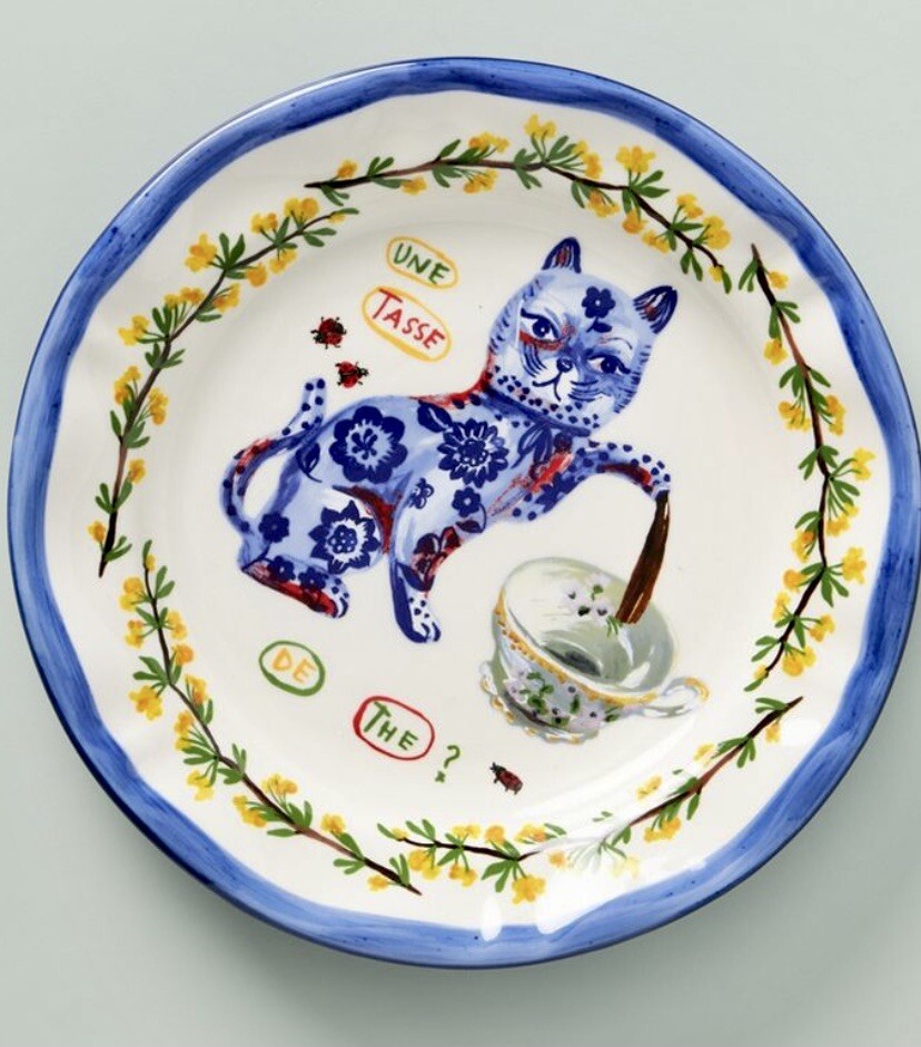 NEW ANTHROPOLOGIE DINNER PLATE CHARMANTE COLLECTION BLUE CAT TEA