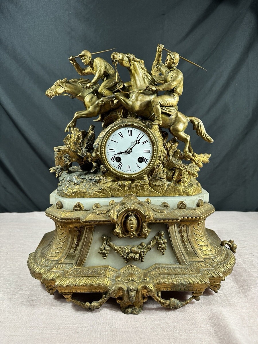 Antique French Japy Freres Gilt-Bronze Mantel Clock Horse Racing