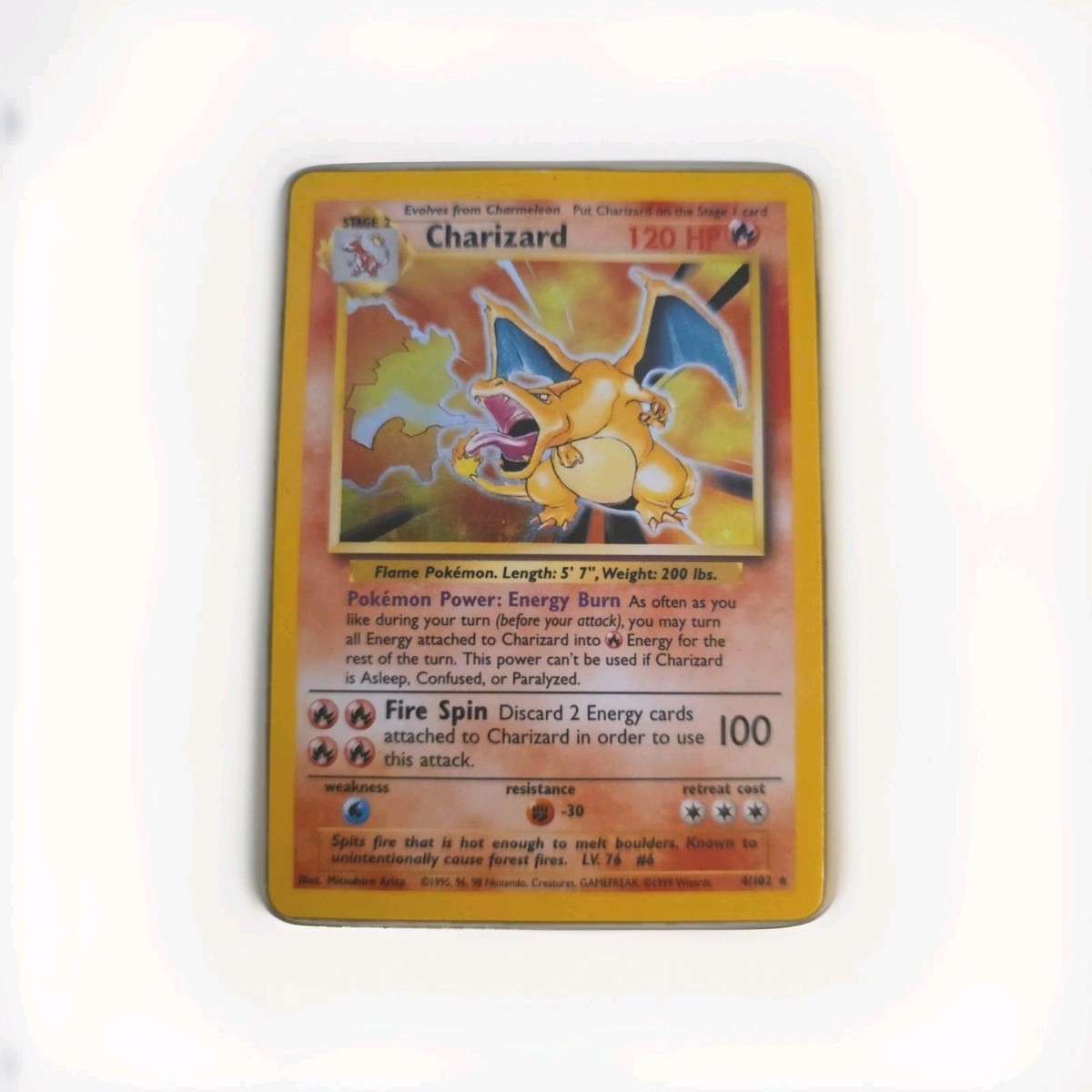 Charizard Pokemon Card 120 HP Fire Spin Attack 4/102 - Holo Rare