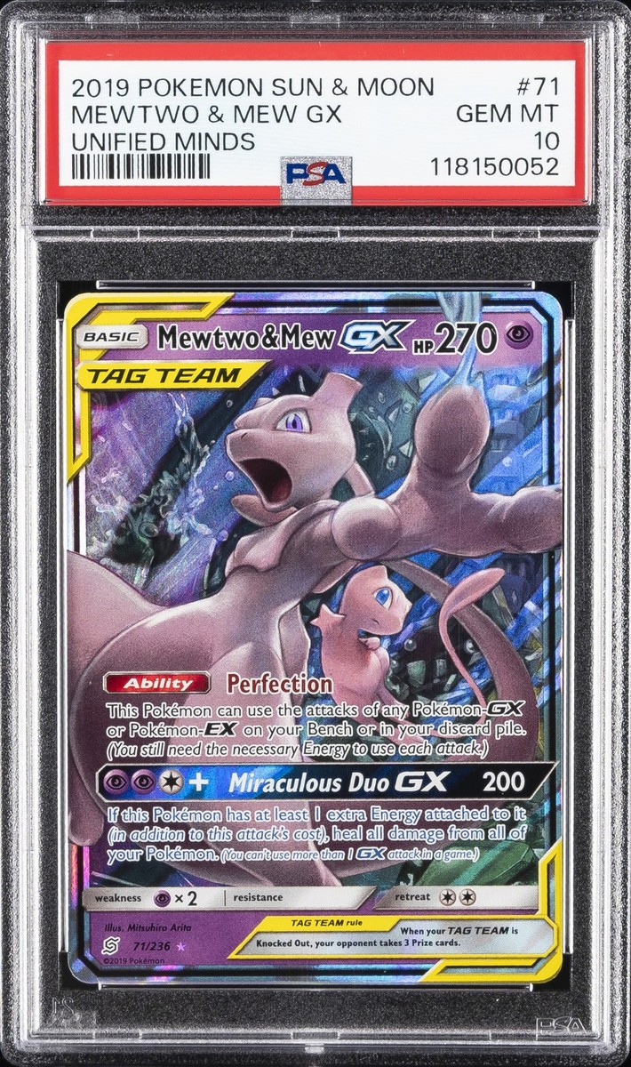 2019 POKEMON SUN & MOON UNIFIED MINDS #71 MEWTWO & MEW GX PSA 10
