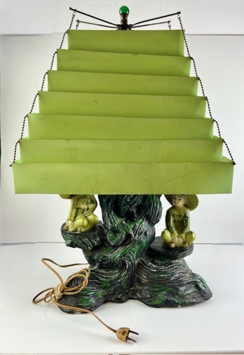 1955 Silvestri Bros Oriental Green Asian Chalkware Table Lamp