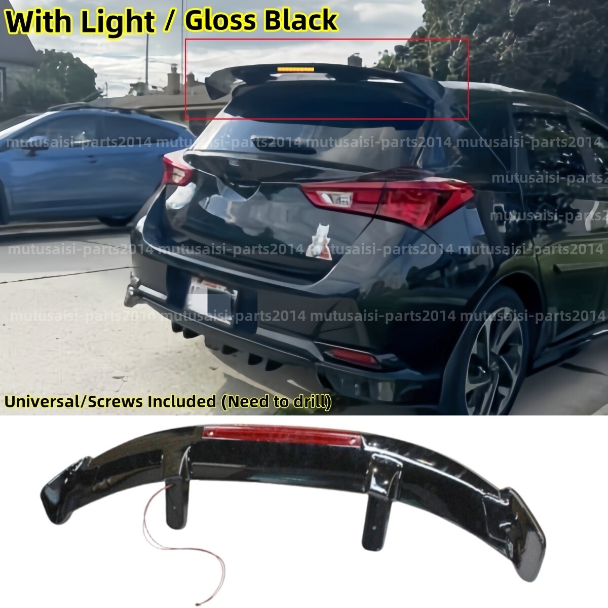 W/ Light Universal Fits 2016 Scion iM Glossy Black Rear Window
