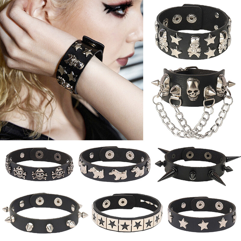 Punk Goth Biker Spike Studded Rivet Leather Wristband Bracelet for