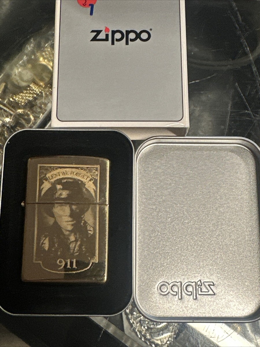 Brass Zippo lighter 9/11 LestWe Forget fireman fire fighter twin