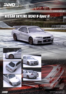 INNO64 1:64 NISSAN SKYLINE GT-R (R34) V-Spec II Silver Diecast