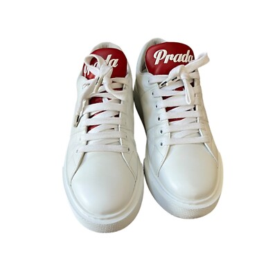 Prada Size 39 White Leather Sneakers Platform Double Wheel Red