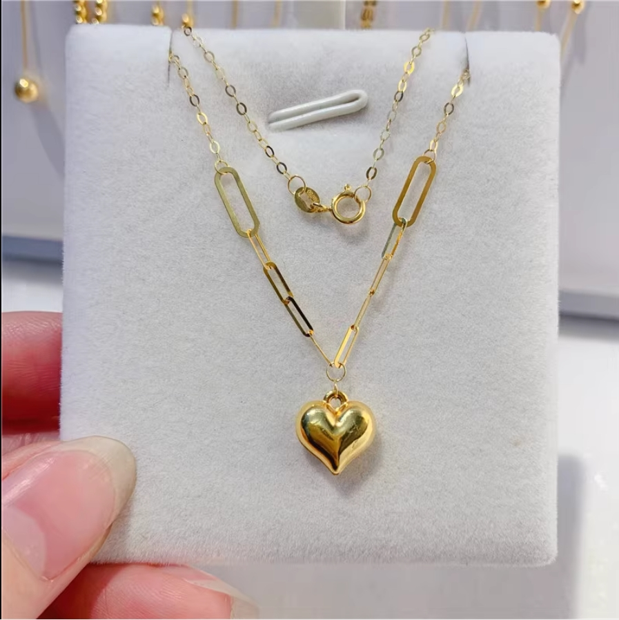 Pure Solid 18K Yellow Gold Au750 Heart-shaped Pendant O Chain