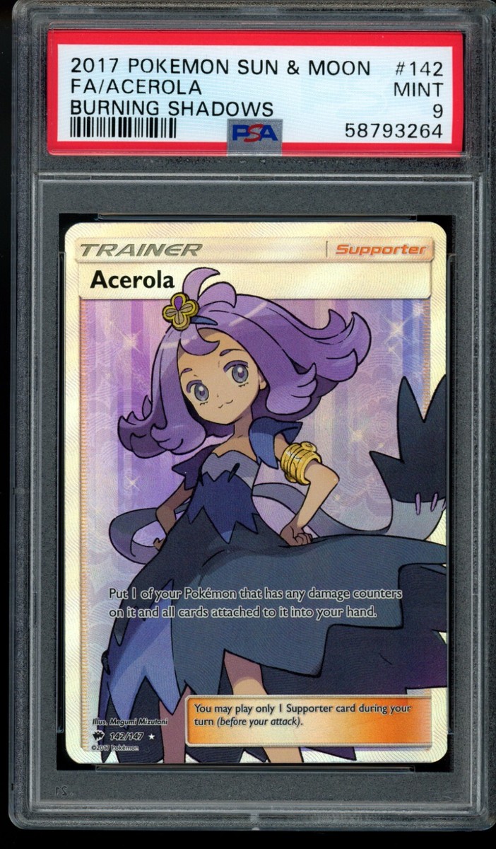 PSA 9 Acerola 142 Full Art Trainer Mint Pokemon Card Burning