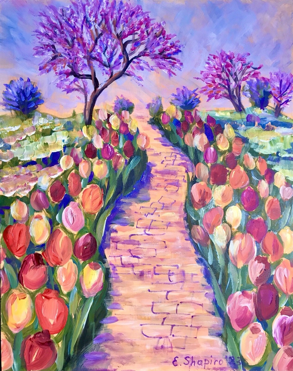 Acrylic Painting Tulip Flower Garden Landscape. Colorful Wall Art