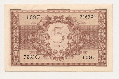 1944 Italy 5 Lire Bank Note ~ Uncirculated WWII Bank Note ~ 23