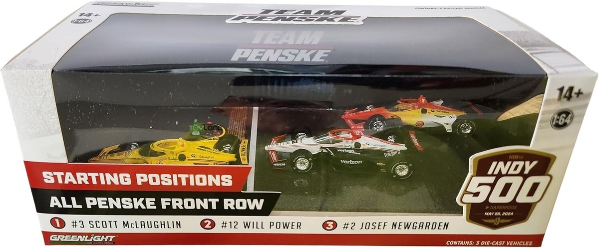 Greenlight 11611 2024 Indy 500 Penske Front Row 3-Car Set Diorama