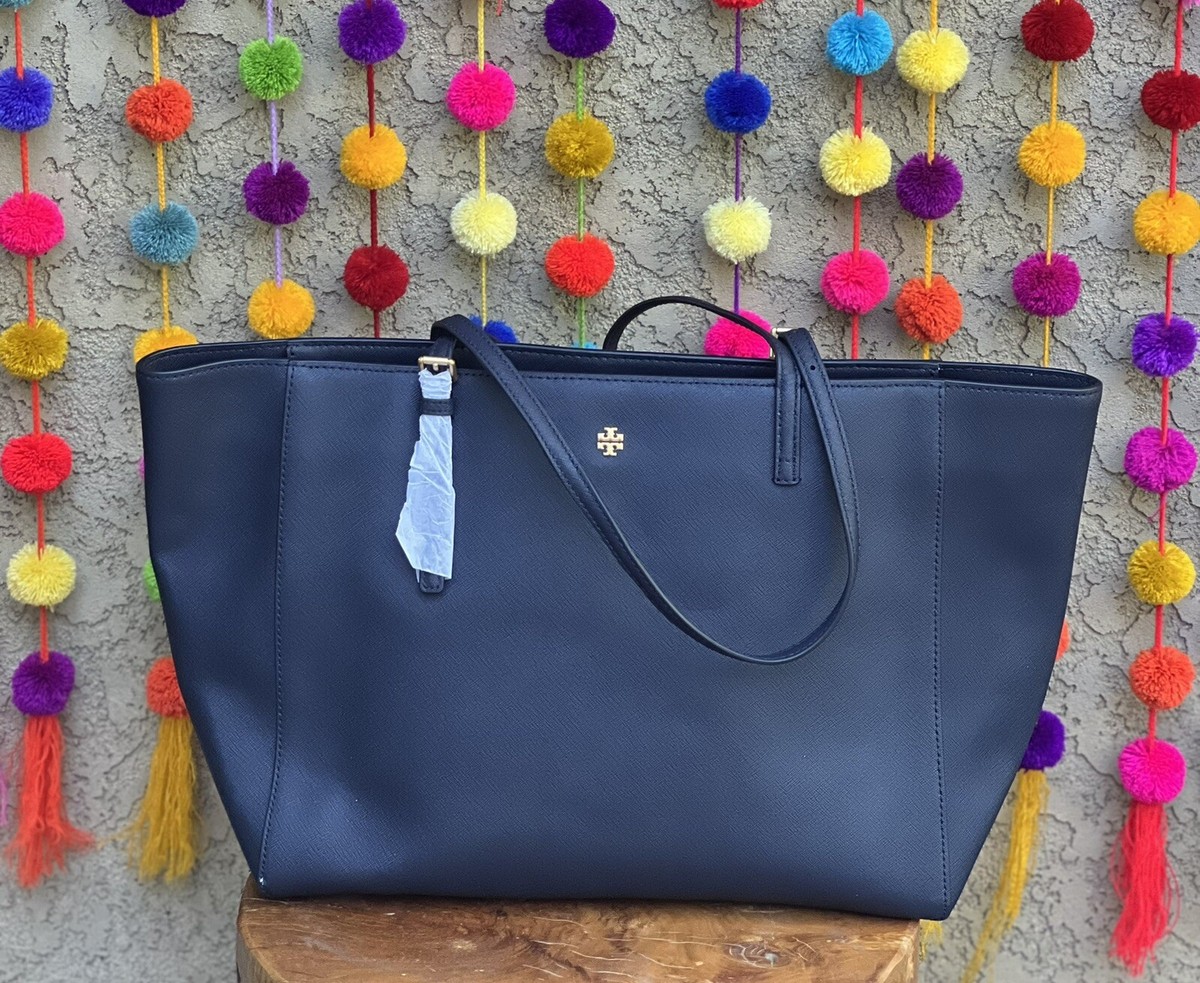 TORY BURCH 134836 EMERSON NAVY BLUE SAFFIANO LEATHER GOLD LOGO