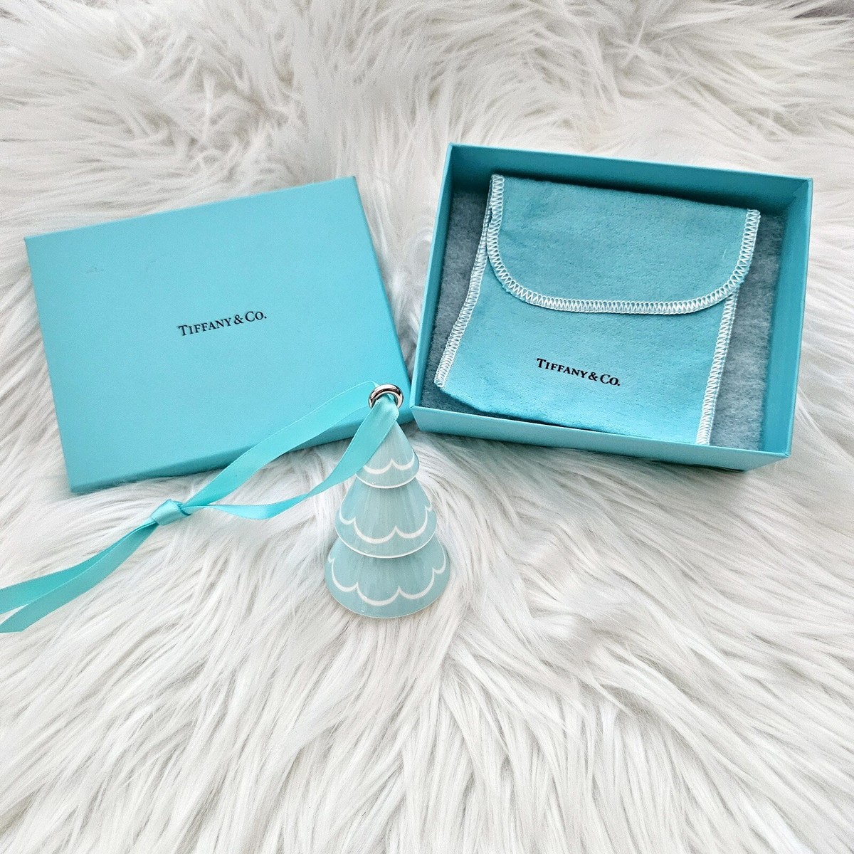 RETIRED Tiffany & Co. Chrismas Tree Blue White Holiday Ornament