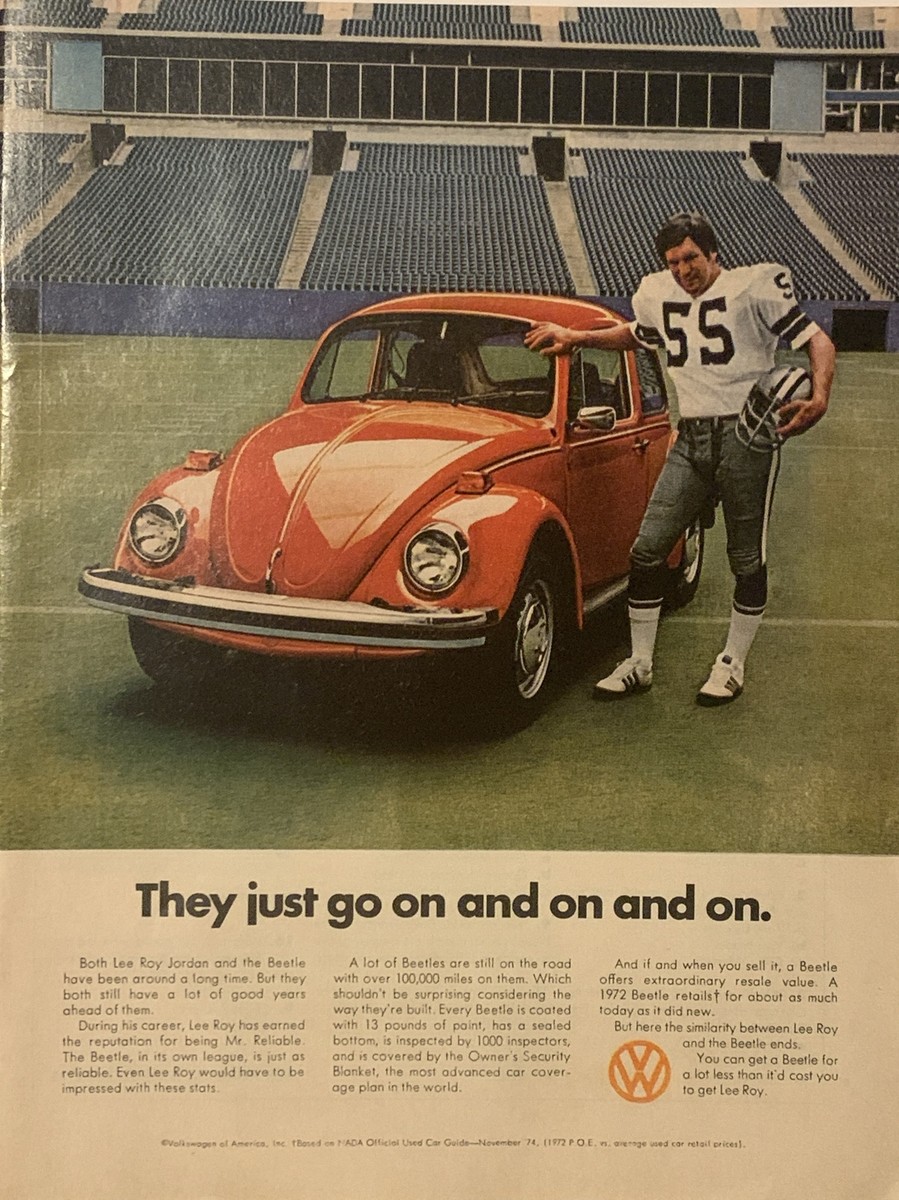 1975 Volkswagen Beetle PRINT AD Lee Roy Jordan Cowboy Mr Reliable