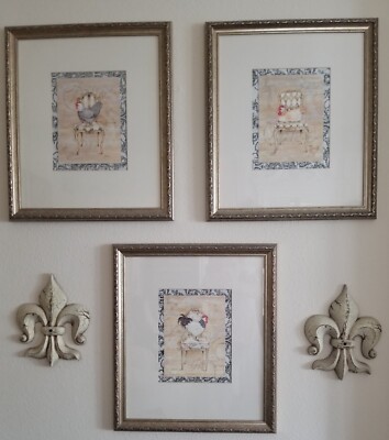 Kathryn White~French~Framed Chickens On Chairs~Fleur De lis~Wall
